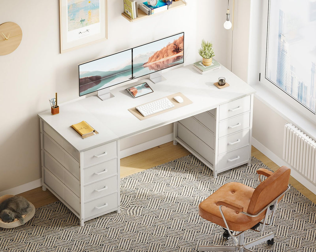 55 Inch Computer Desk with 8 Fabric Drawers White V356