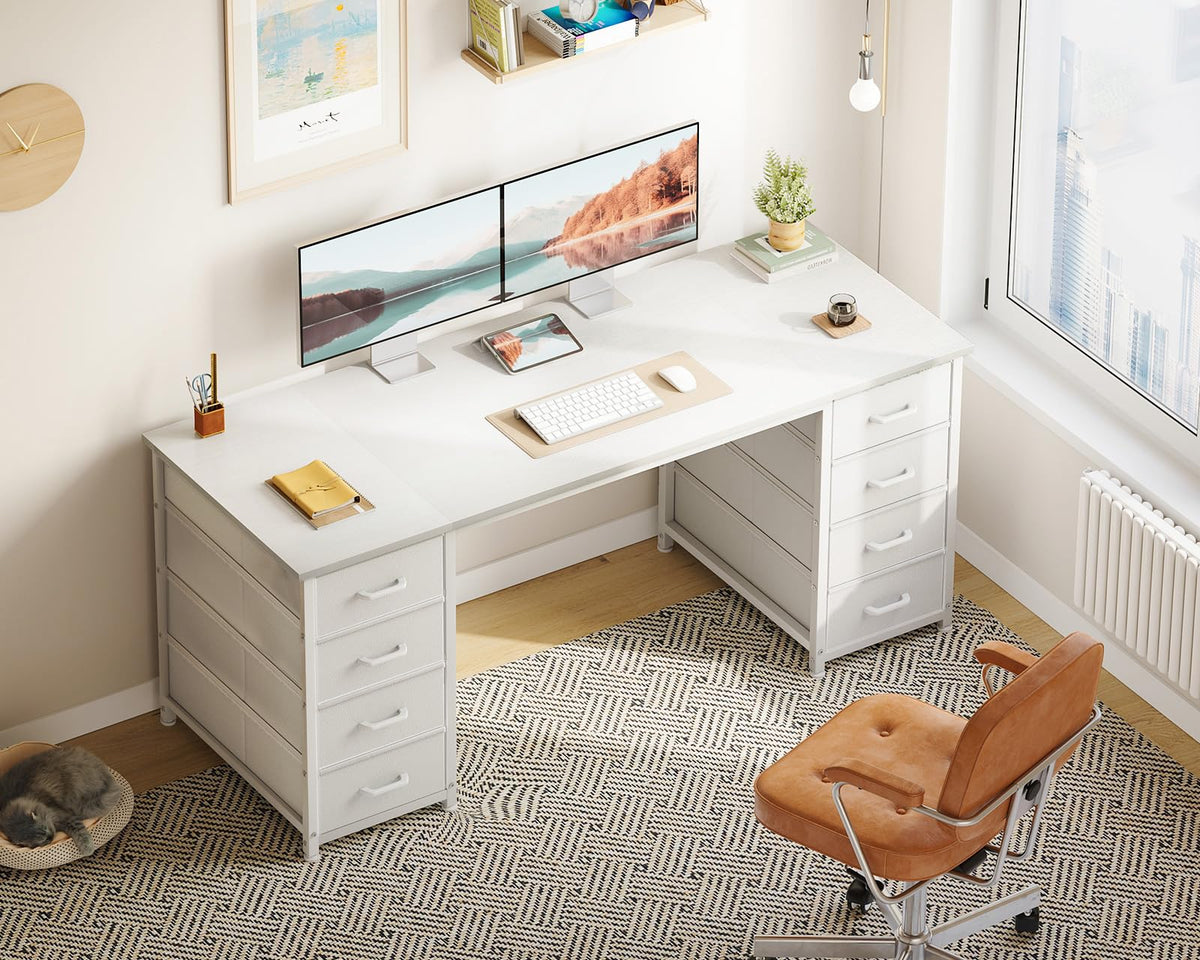 55 Inch Computer Desk with 8 Fabric Drawers White V356