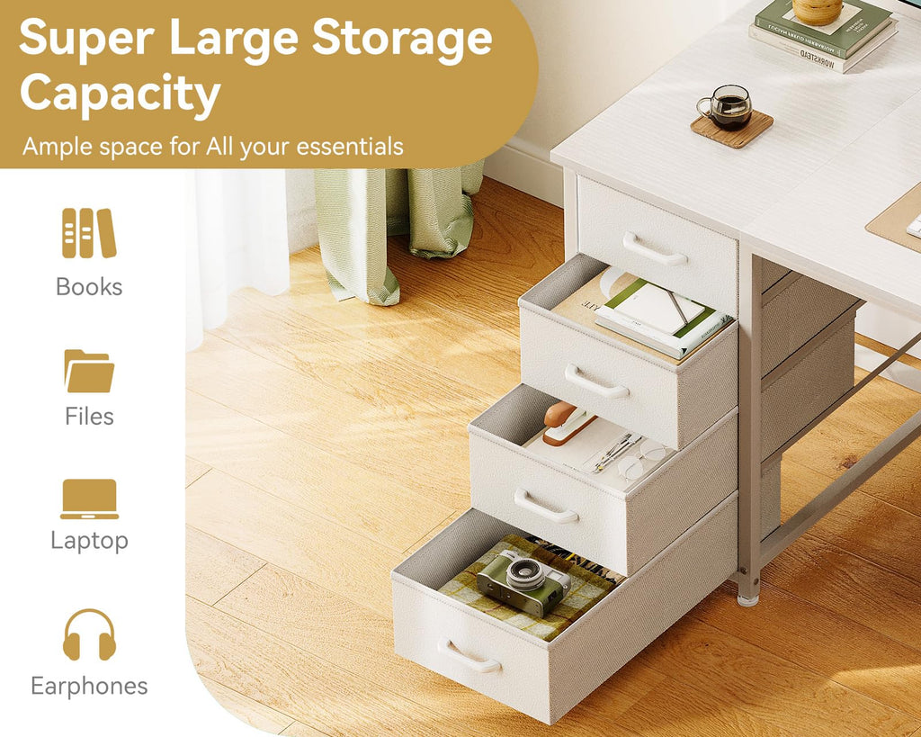 55 Inch Computer Desk with 8 Fabric Drawers White V356
