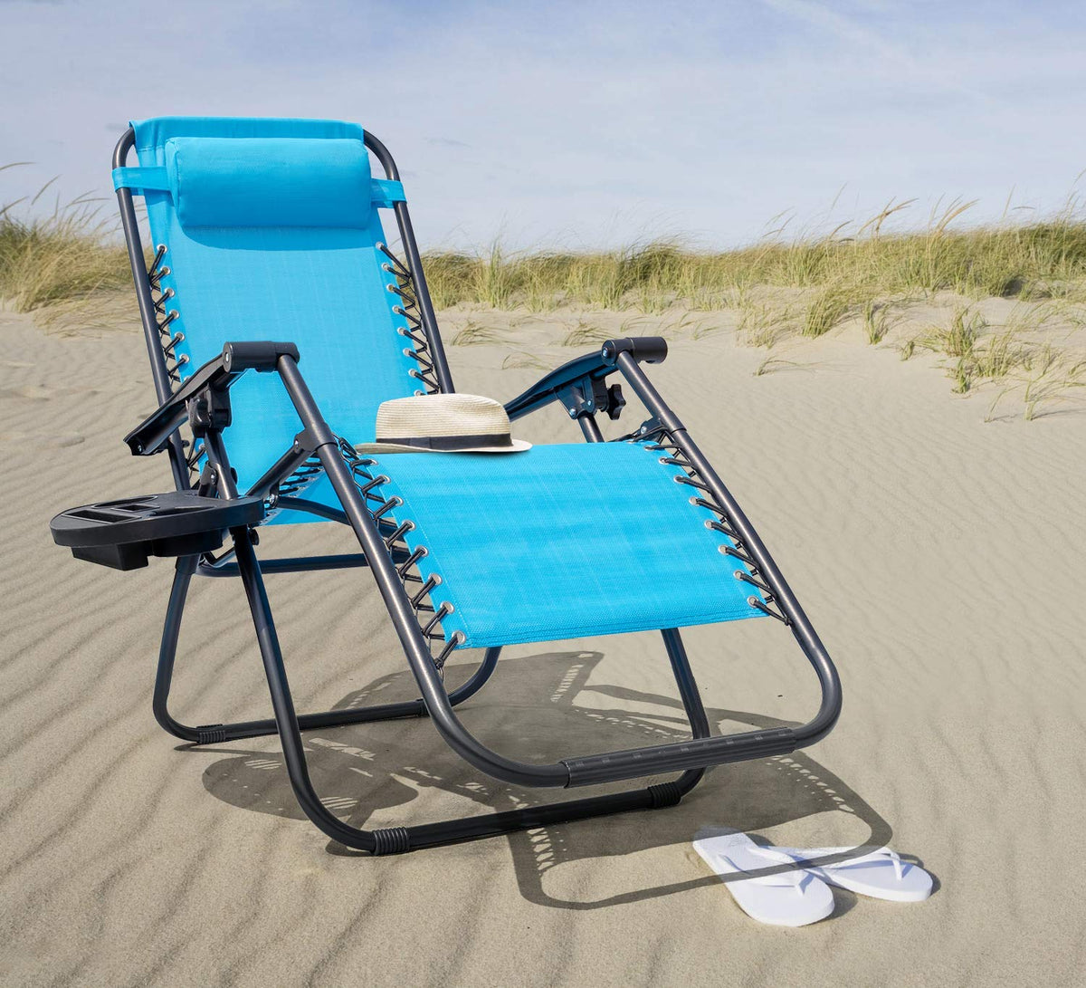 Blue Set of 2 Adjustable Folding Lounge Chair with Pillows and Cup Holders E7261