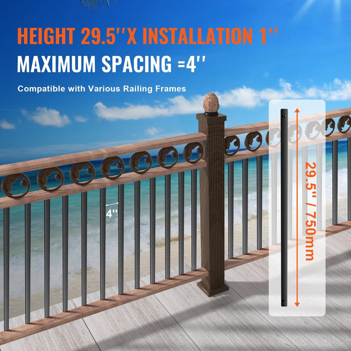 29.5"x1" Flat Aluminum Alloy 51 Pack Satin Black Metal Balusters C606