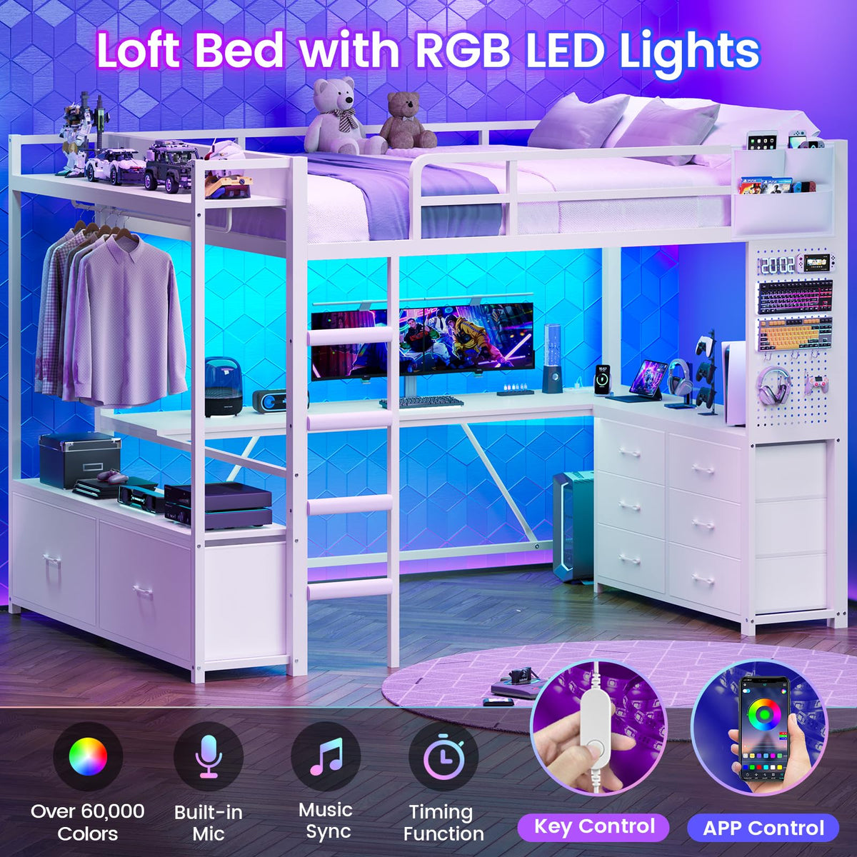 White Twin Loft Bed with L-Shaped Desk and 8 Storage Drawers A4807