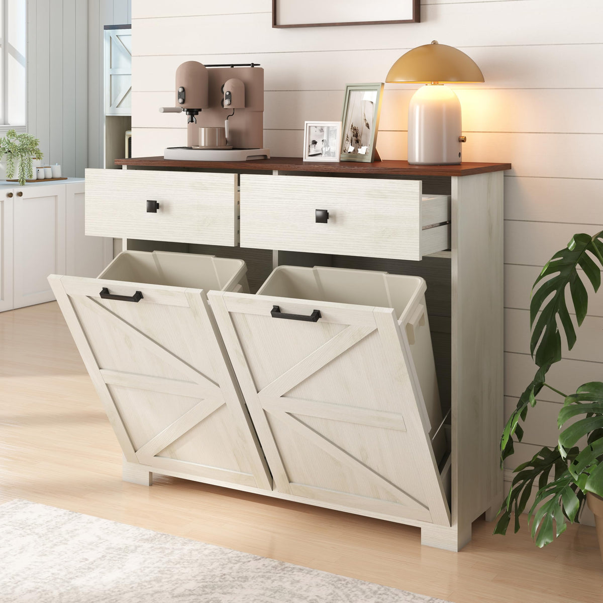 Double Tilt Out Trash Cabinet with Hideaway Drawer, Antique White W30031