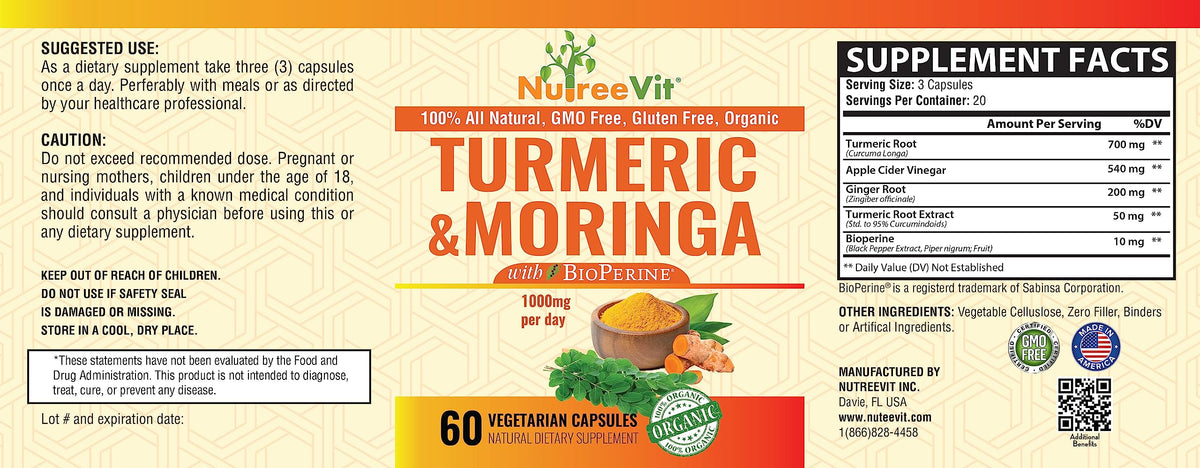Organic Turmeric Curcumin with Moringa Oleifera and Bioperine Supplement 200 Count S962