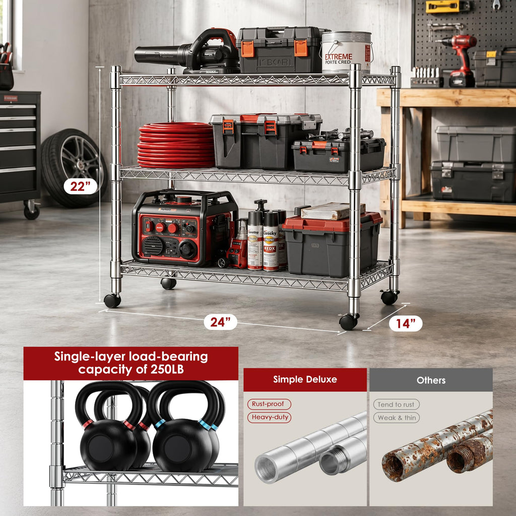 Heavy Duty 3-Shelf Chrome Steel Shelving Unit with Wheels P543