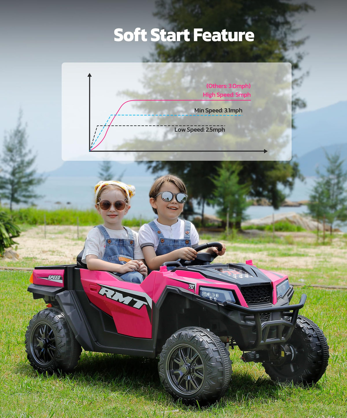 24V 2 Seater Ride on Car with Sun Shade Dump Bed Shovel Hot Pink N495868