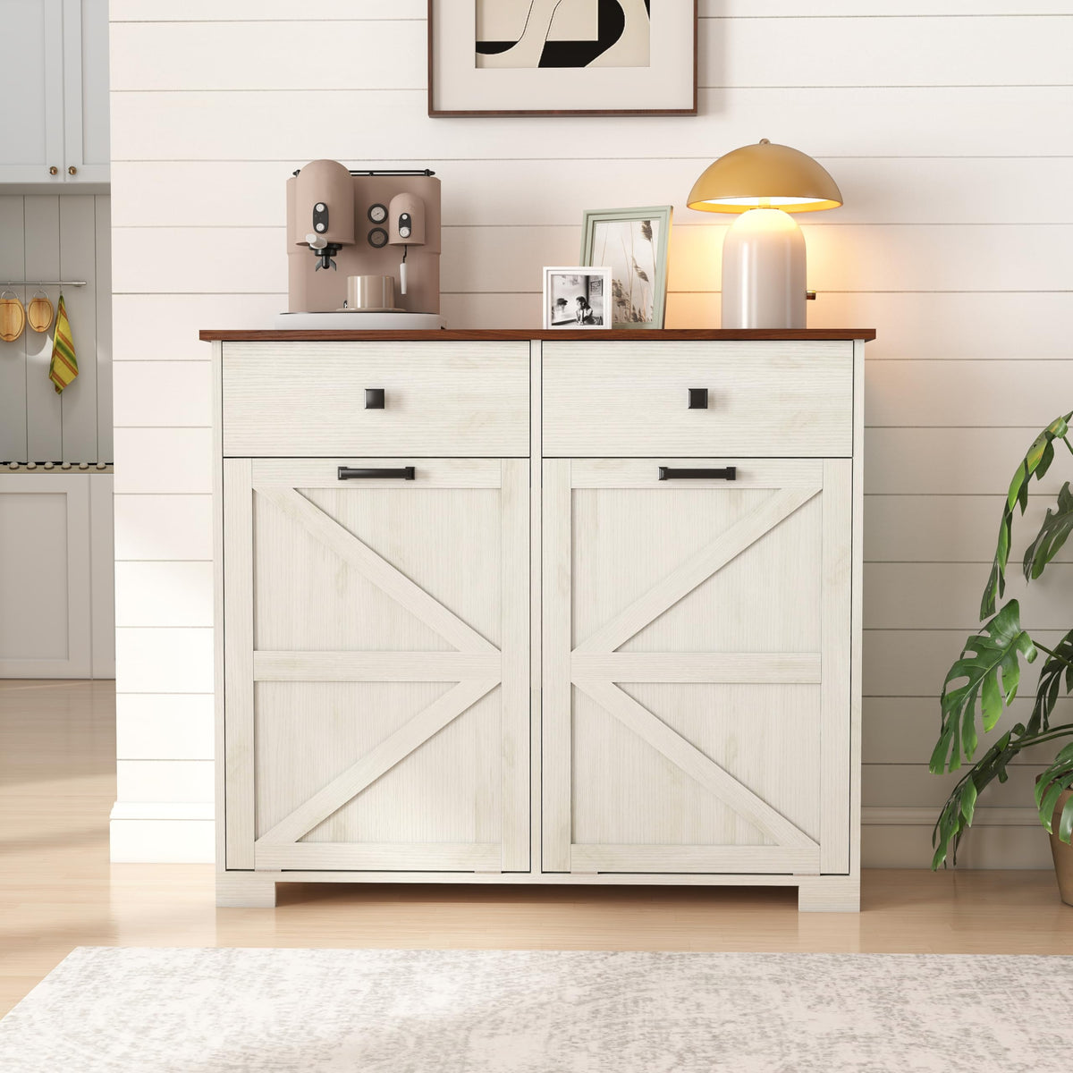 Double Tilt Out Trash Cabinet with Hideaway Drawer, Antique White W30031