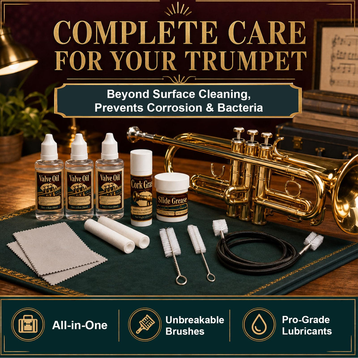 Trumpet Cleaning Kit with Oil, Grease & Brushes H396481