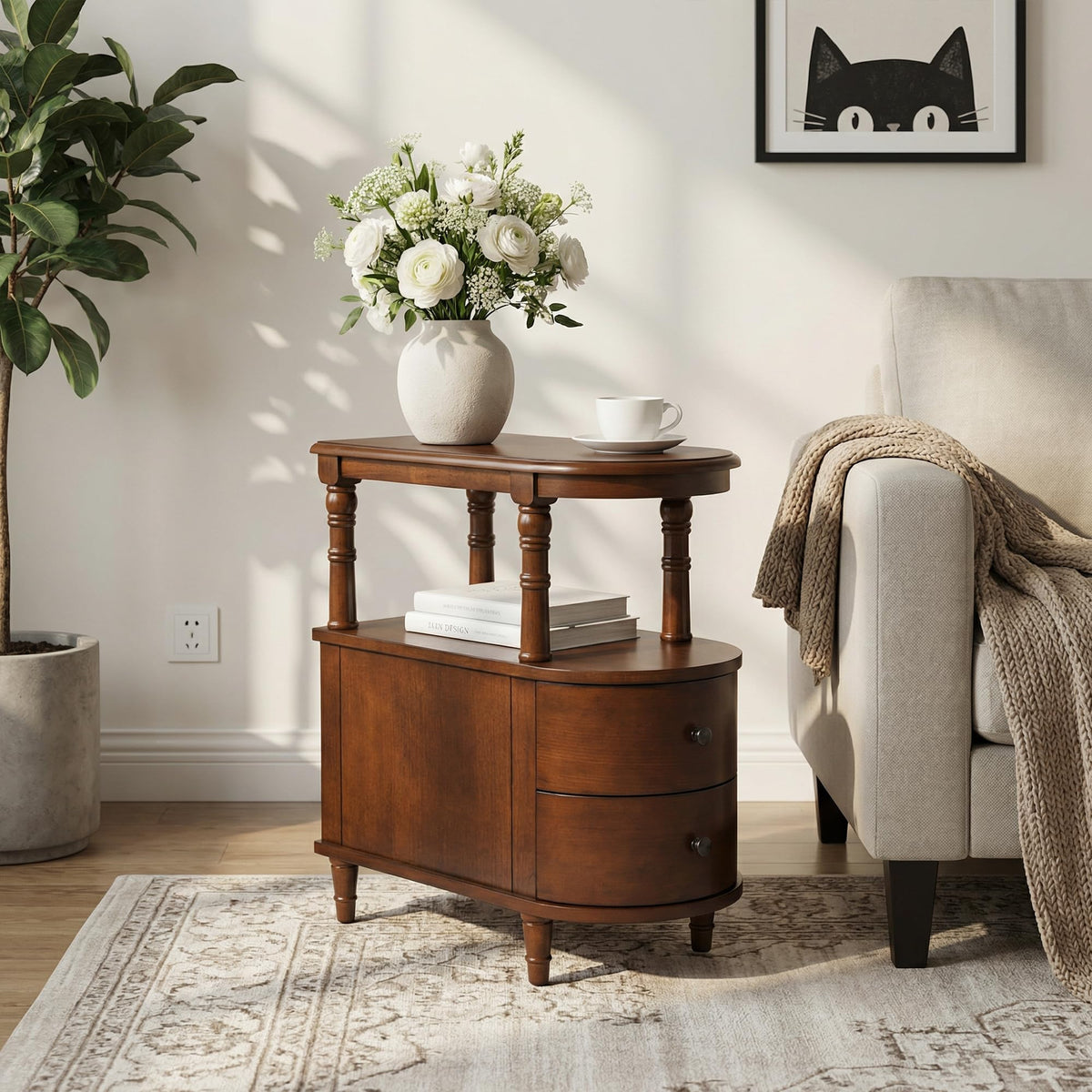 Narrow Solid Cherry Wood Side Table with Drawers S86041