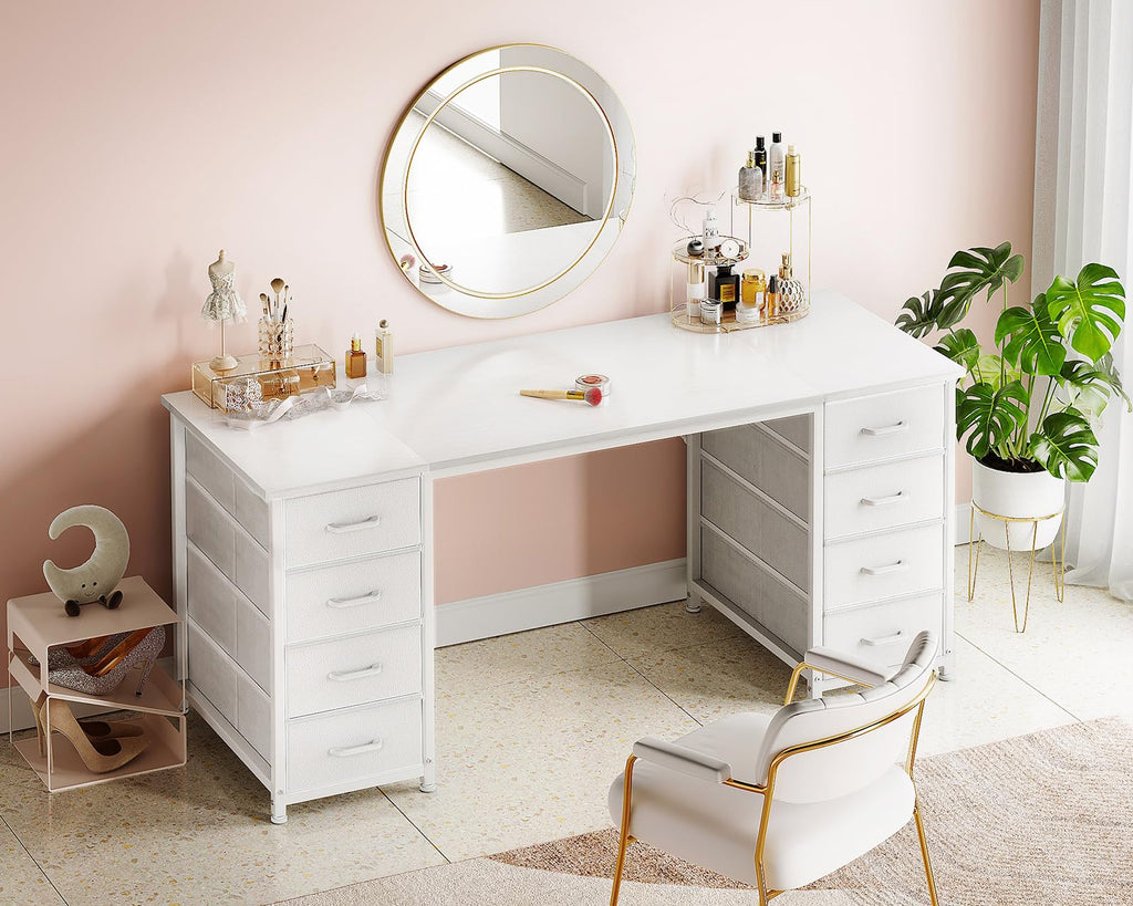 55 Inch Computer Desk with 8 Fabric Drawers White V356