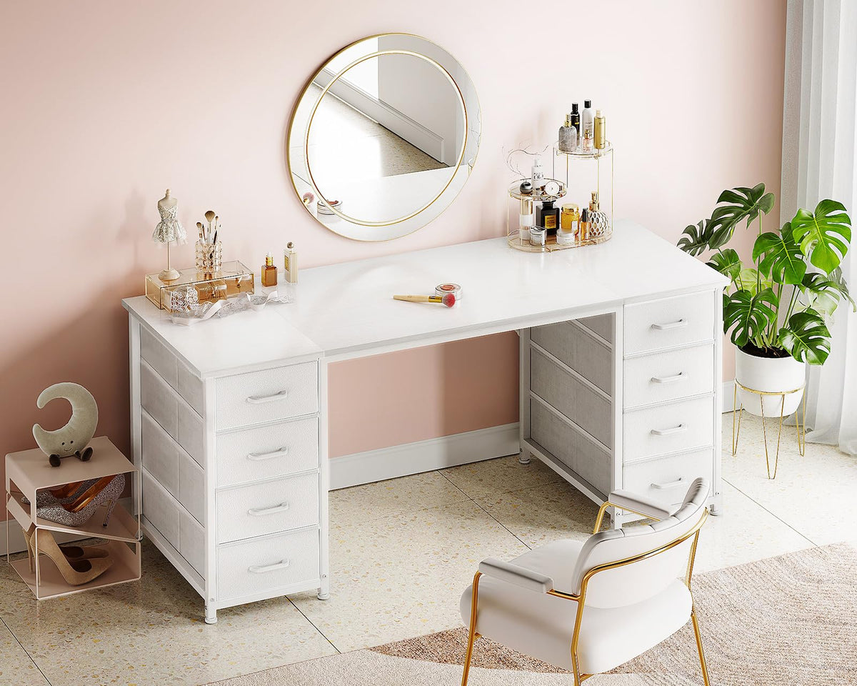 55 Inch Computer Desk with 8 Fabric Drawers White V356