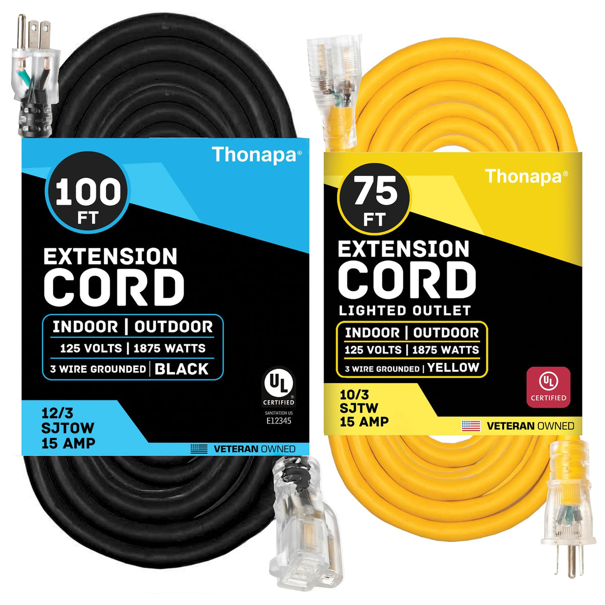 Black Oil Resistant 12 Gauge Extension Cord 100 ft and Yellow 10 Gauge Extension Cord 75 ft T29862