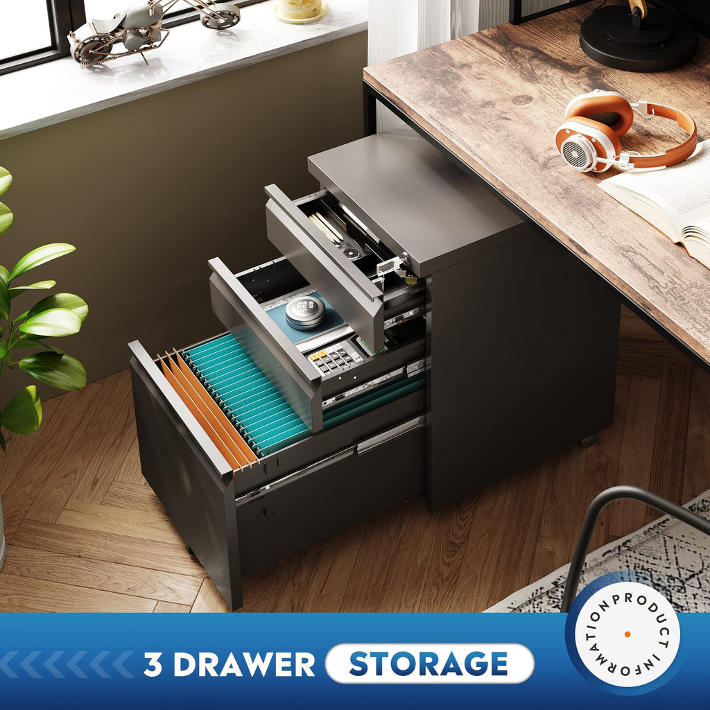 3 Drawer Mobile File Cabinet with Lock, Black R5423