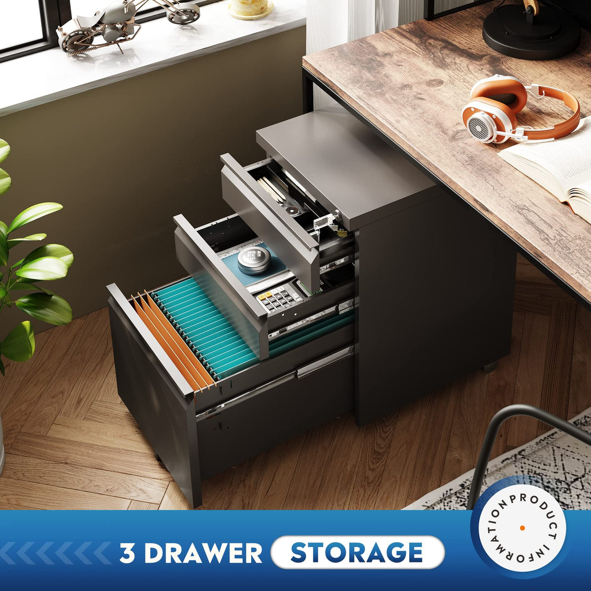 3 Drawer Mobile File Cabinet with Lock, Black R5423