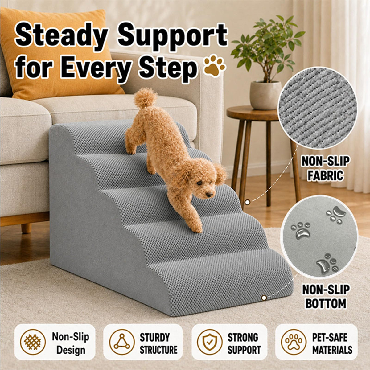 Dog Ramp, Pet Ramp, Dog Stairs, Non-Slip Ladder, 5-Step, Gray I390977