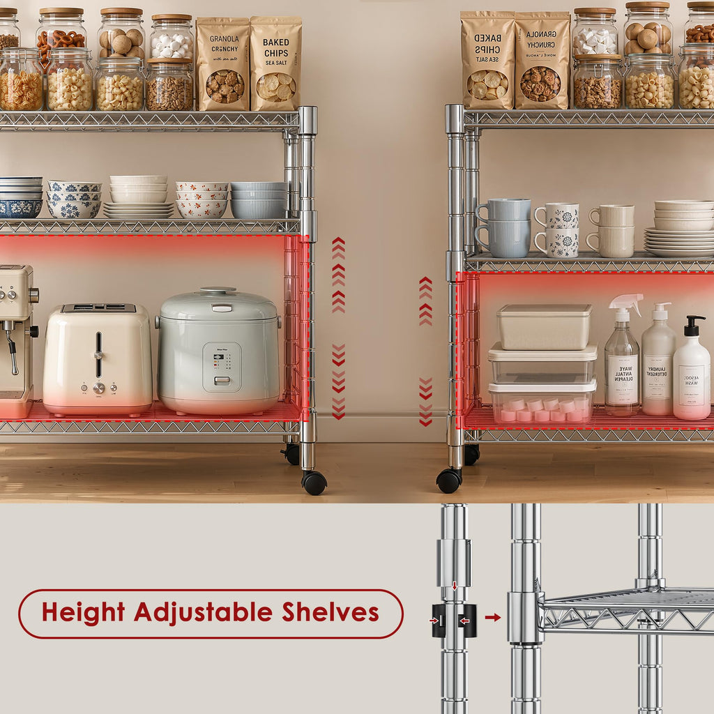 Heavy Duty 3-Shelf Chrome Steel Shelving Unit with Wheels P543