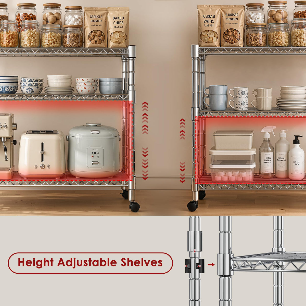 Heavy Duty 3-Shelf Chrome Steel Shelving Unit with Wheels P543