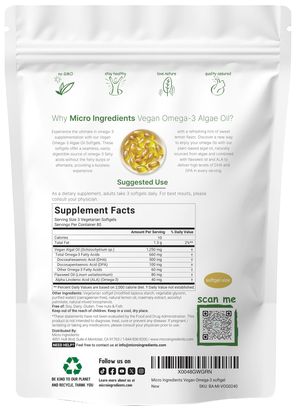 Vegan Omega 3 Algae Oil 240 Veggie Softgels DHA 500mg DPA 100mg Lemon Flavored T4243