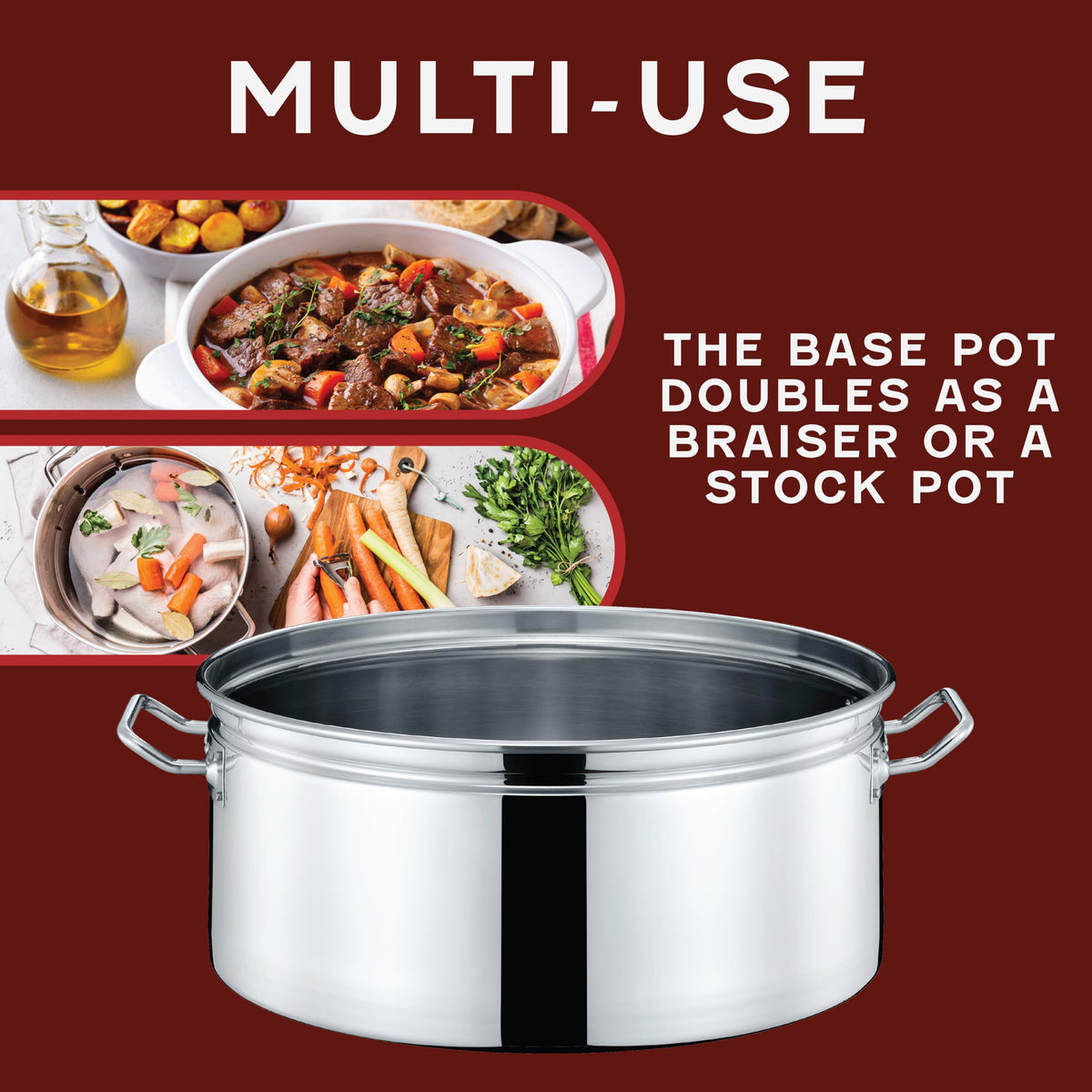 Extra Large Stainless Steel Stock Pot Steamer and Braiser Combo 40 QT L458
