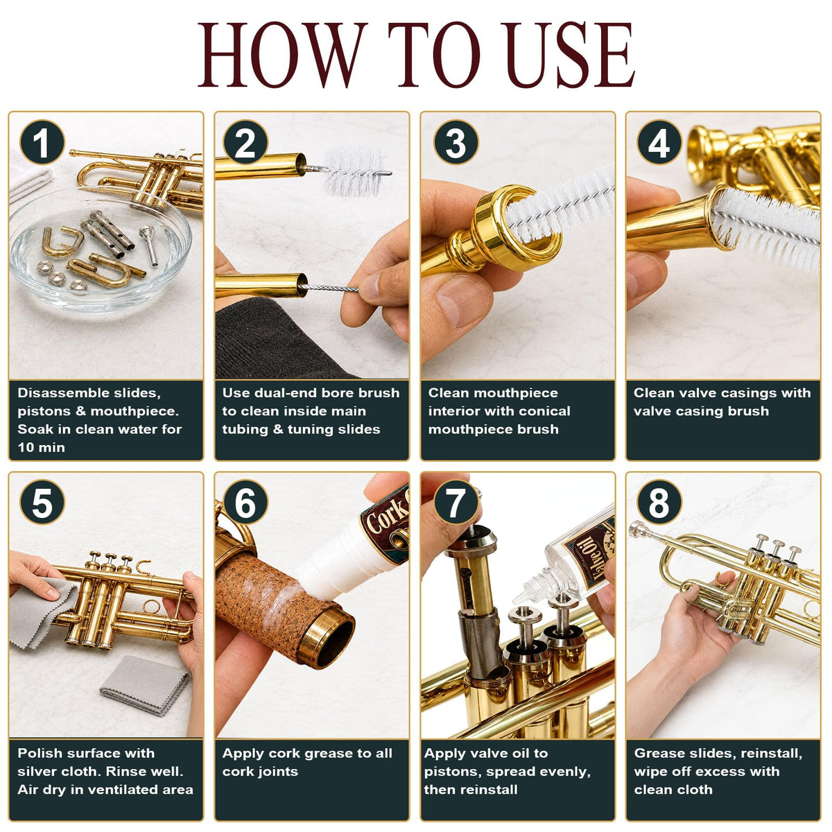 Trumpet Cleaning Kit with Oil, Grease & Brushes H396481