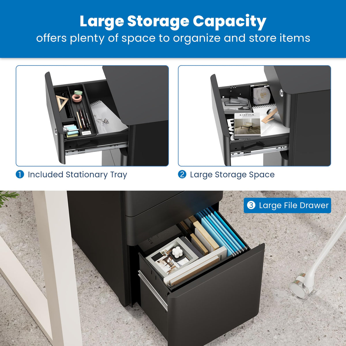 Black 3 Drawer Rolling File Cabinet with Lock F249764