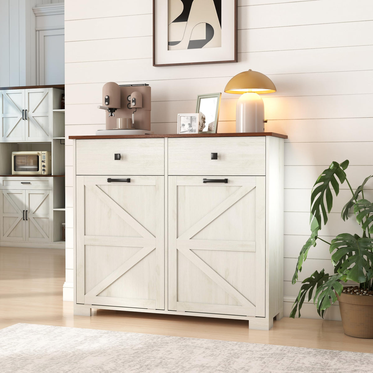 Double Tilt Out Trash Cabinet with Hideaway Drawer, Antique White W30031