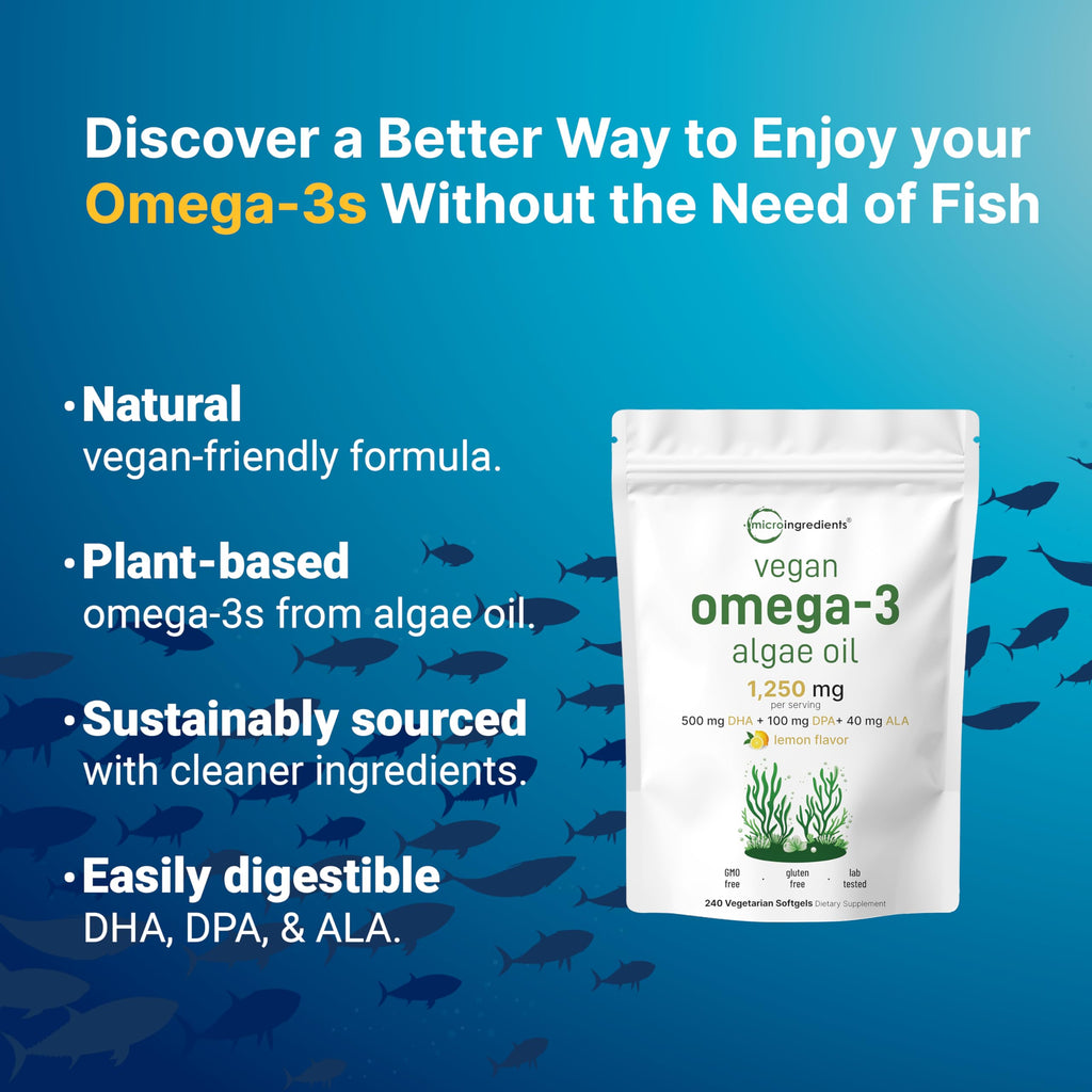 Vegan Omega 3 Algae Oil 240 Veggie Softgels DHA 500mg DPA 100mg Lemon Flavored T4243