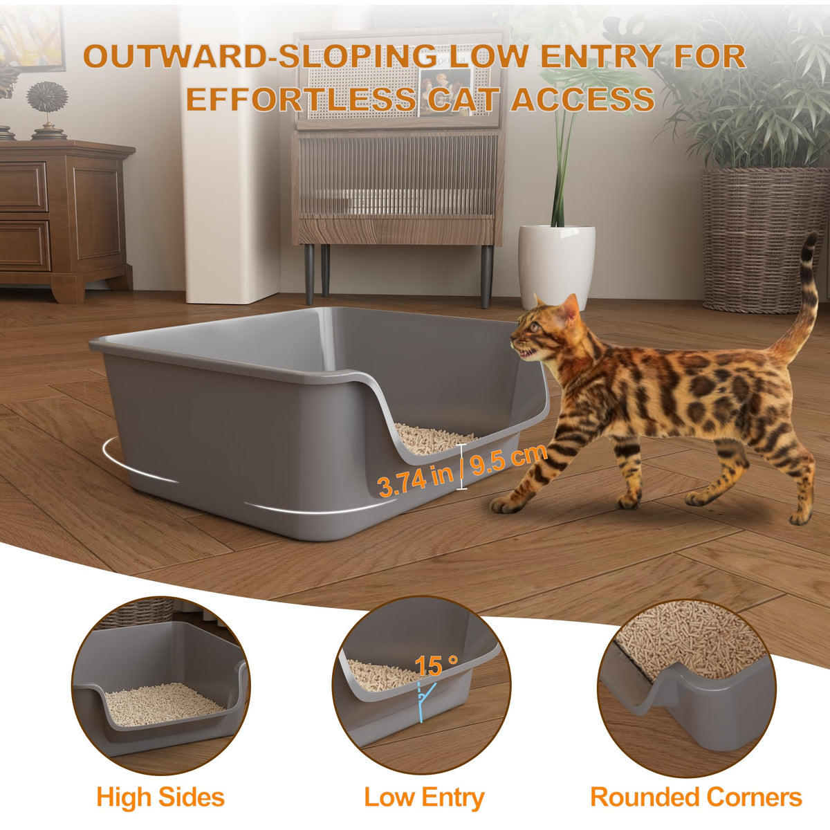 Open-Top High Sides Cat Litter Box with Low Entrance J933