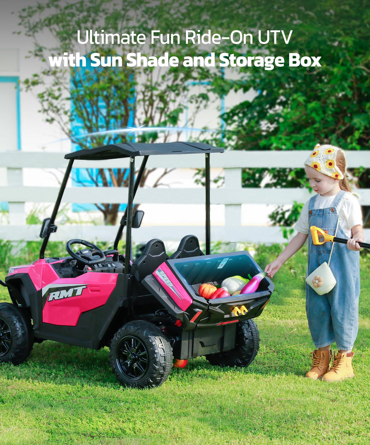 24V 2 Seater Ride on Car with Sun Shade Dump Bed Shovel Hot Pink N495868