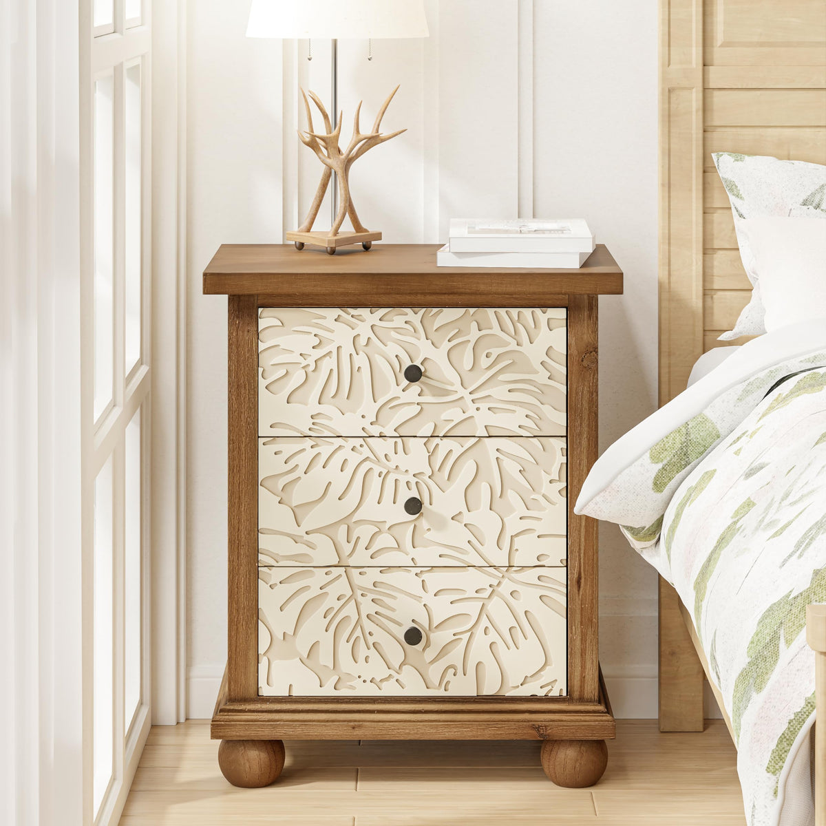 Rustic 3-Drawer Nightstand with Leaves Pattern Carved R7753