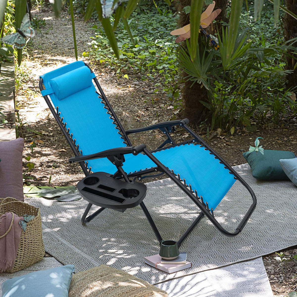 Blue Set of 2 Adjustable Folding Lounge Chair with Pillows and Cup Holders E7261
