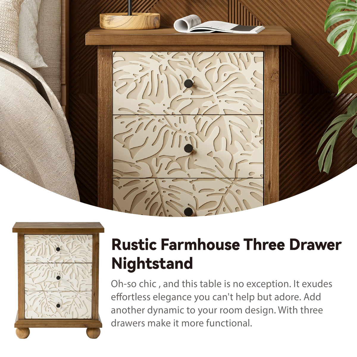 Rustic 3-Drawer Nightstand with Leaves Pattern Carved R7753