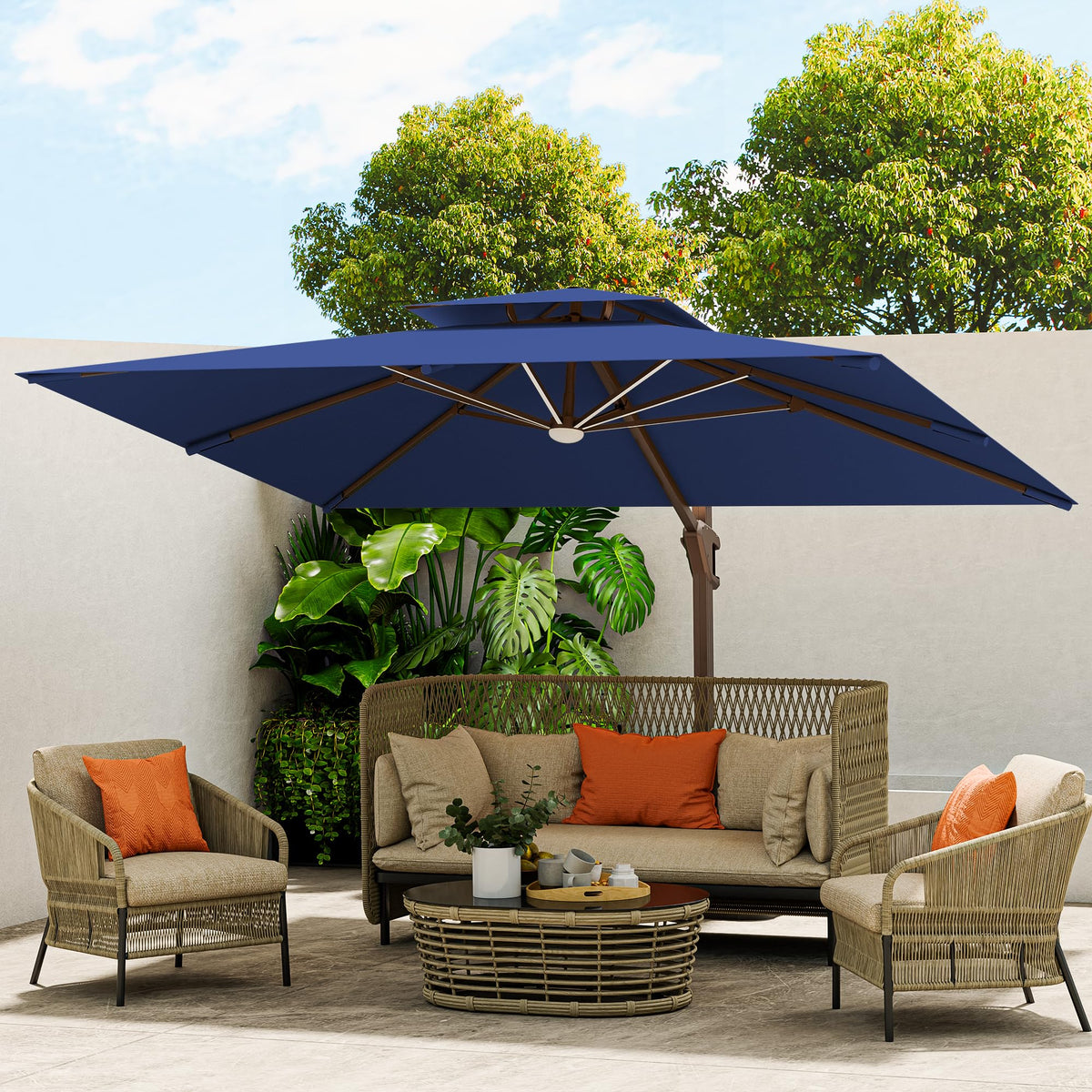 10x13FT Cantilever Patio Umbrella with LED Lights and Base V405124