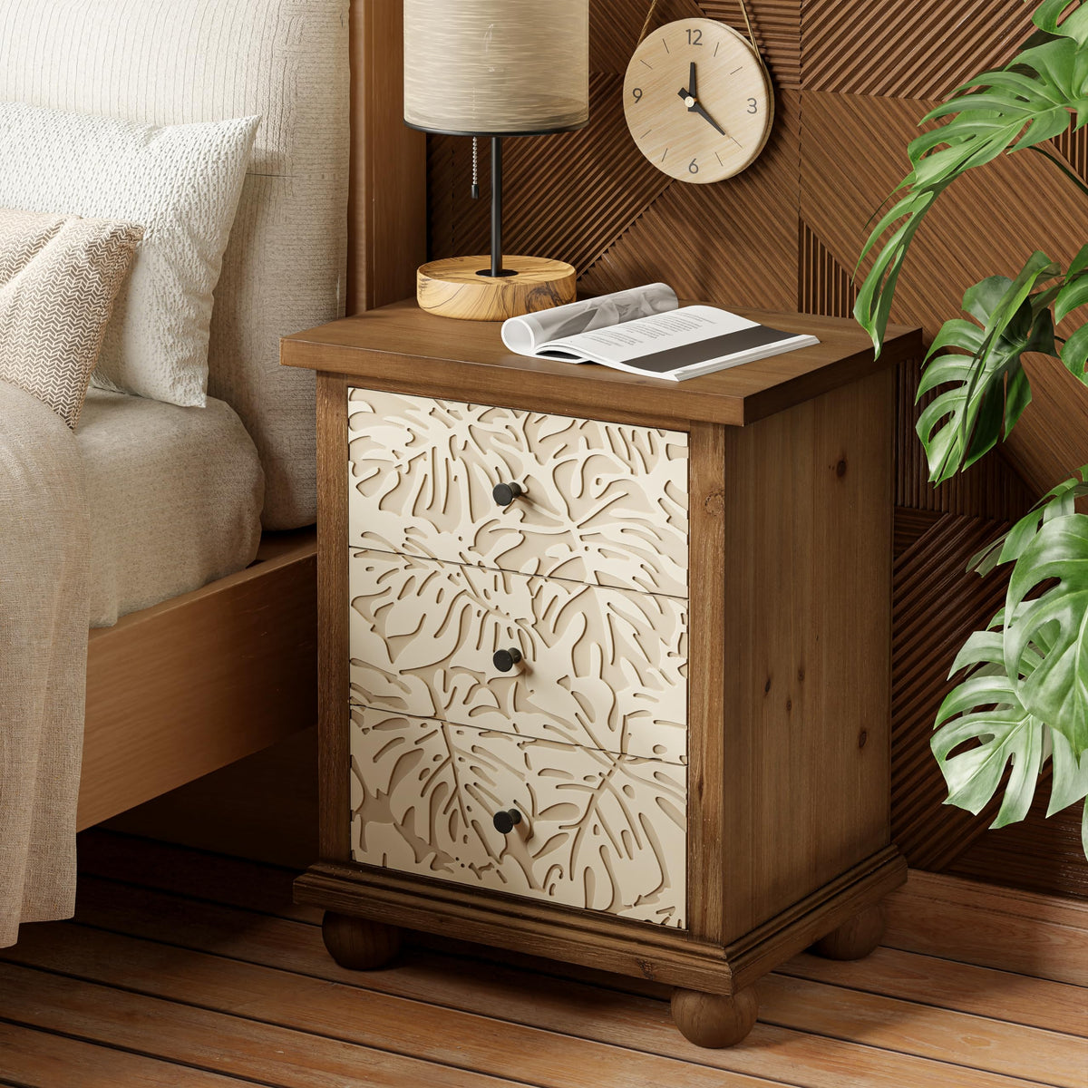 Rustic 3-Drawer Nightstand with Leaves Pattern Carved R7753