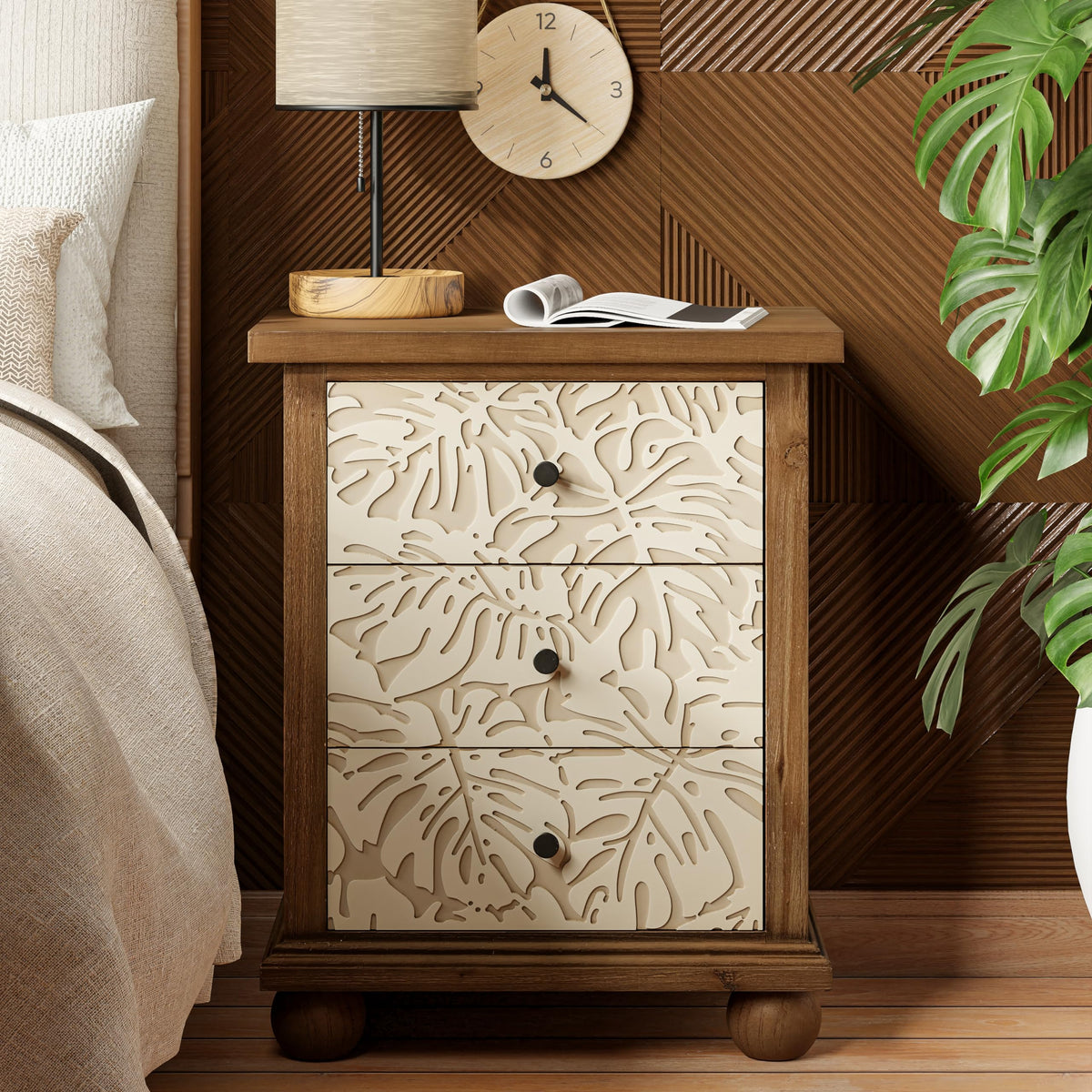 Rustic 3-Drawer Nightstand with Leaves Pattern Carved R7753