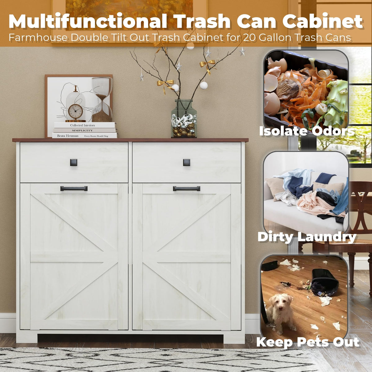 Double Tilt Out Trash Cabinet with Hideaway Drawer, Antique White W30031